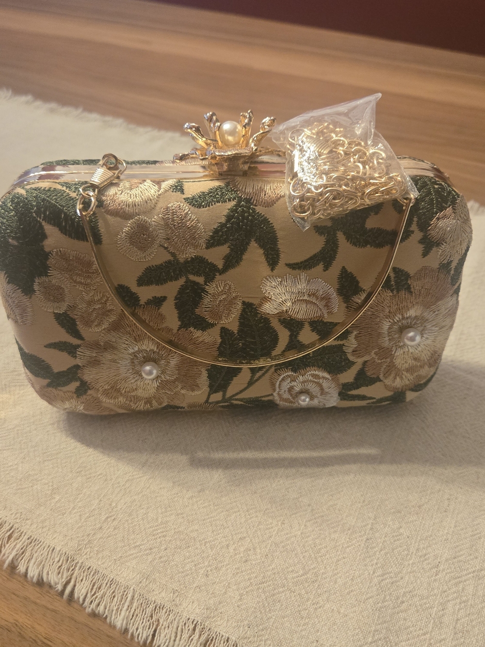 Gold Floral Embroidered Evening Clutch with Pearl Accents